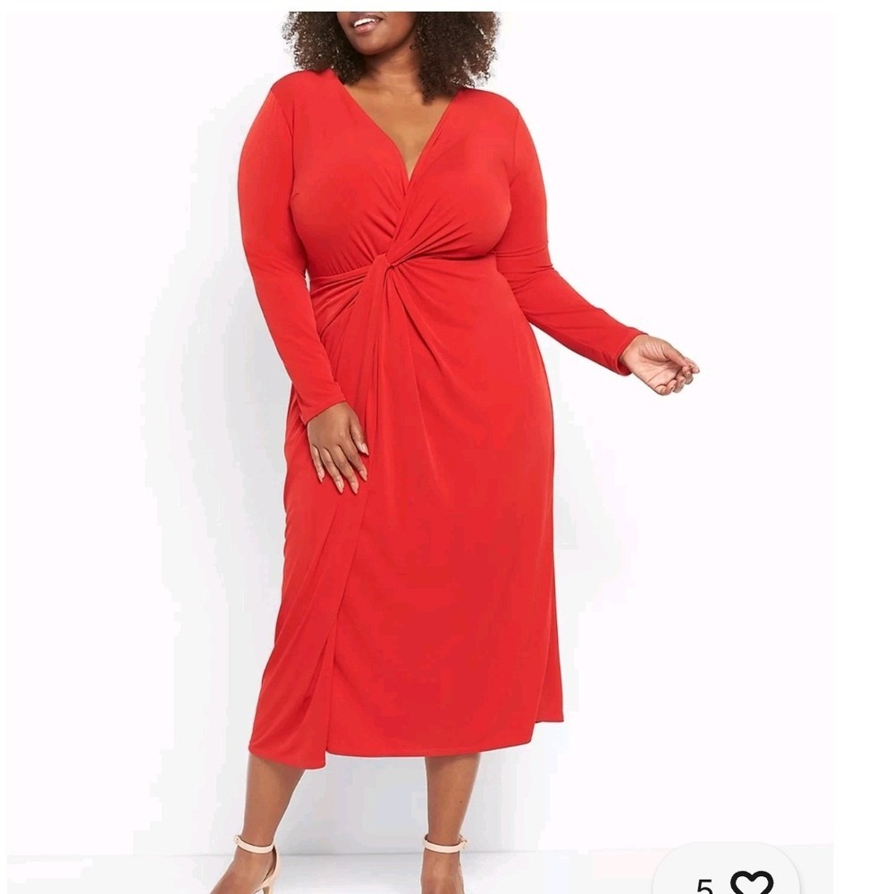 Lane Bryant Red Twist Front V-Neck Long Sleeve Midi Dress Plus Size 18/20